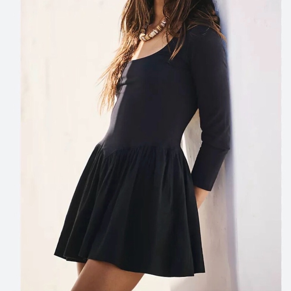 Free People Onda Long Sleeve Stretch Cotton Minidress Black Womens Large